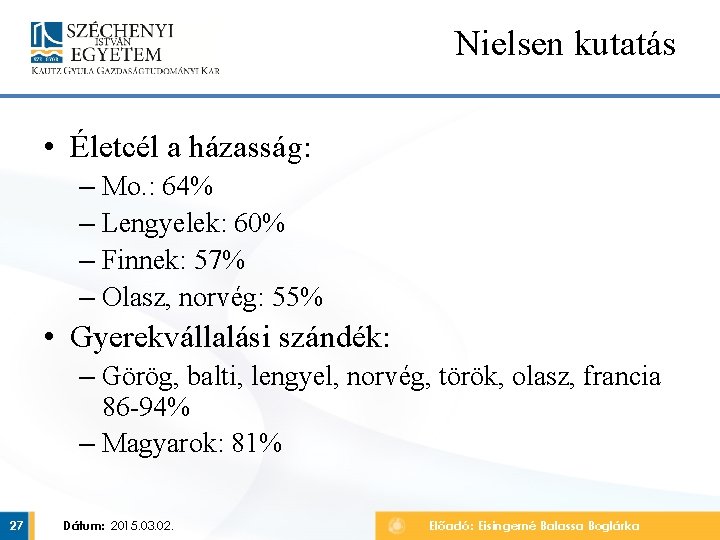 Nielsen kutatás • Életcél a házasság: – Mo. : 64% – Lengyelek: 60% –