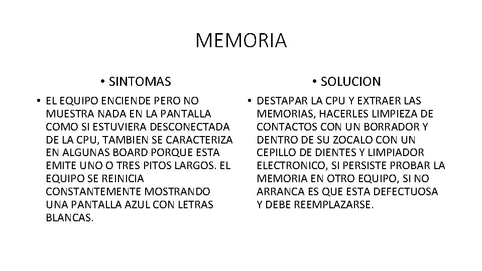 MEMORIA • SINTOMAS • SOLUCION • EL EQUIPO ENCIENDE PERO NO MUESTRA NADA EN