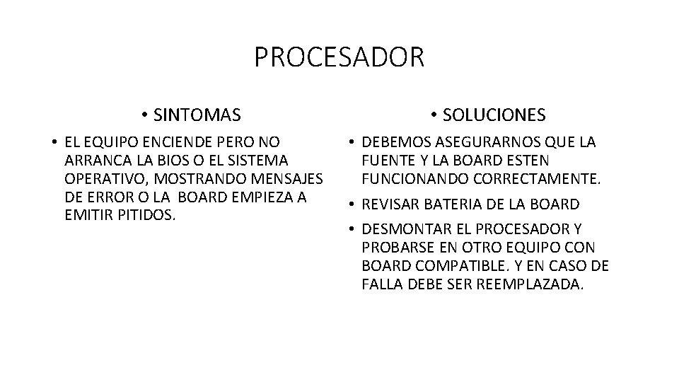 PROCESADOR • SINTOMAS • EL EQUIPO ENCIENDE PERO NO ARRANCA LA BIOS O EL