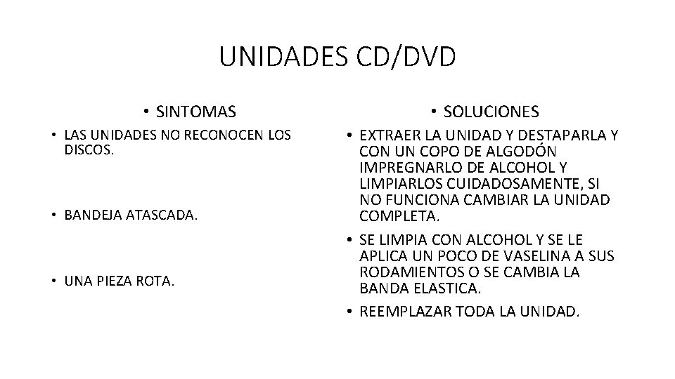 UNIDADES CD/DVD • SINTOMAS • LAS UNIDADES NO RECONOCEN LOS DISCOS. • BANDEJA ATASCADA.