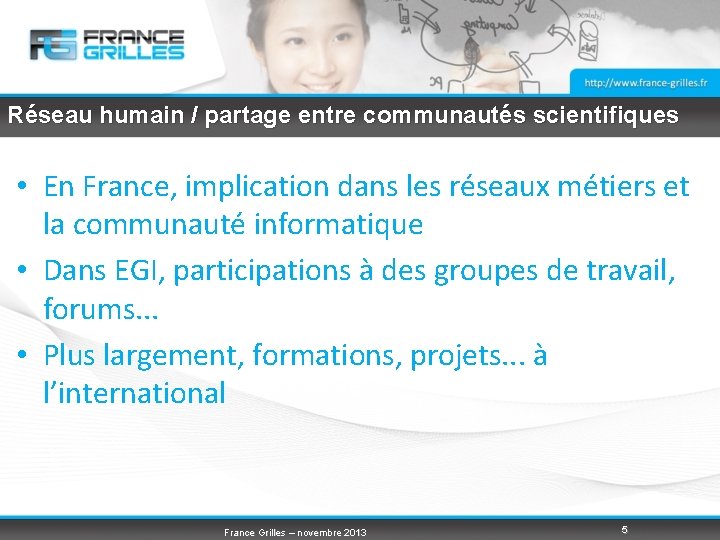 Réseau humain / partage entre communautés scientifiques • En France, implication dans les réseaux