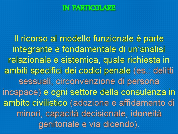 IN PARTICOLARE Il ricorso al modello funzionale è parte integrante e fondamentale di un’analisi