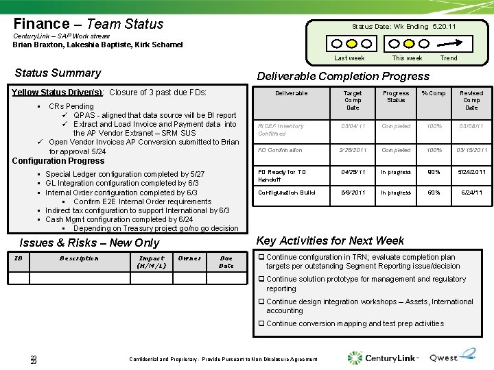 Finance – Team Status Date: Wk Ending 5. 20. 11 Century. Link – SAP