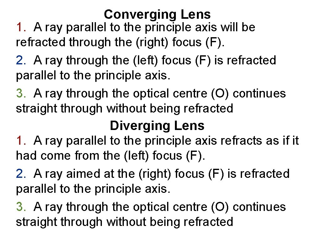 Converging Lens 1. A ray parallel to the principle axis will be refracted through