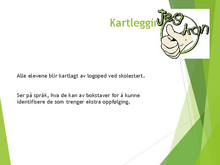 Kartlegging Alle elevene blir kartlagt av logoped ved skolestart. Ser på språk, hva de