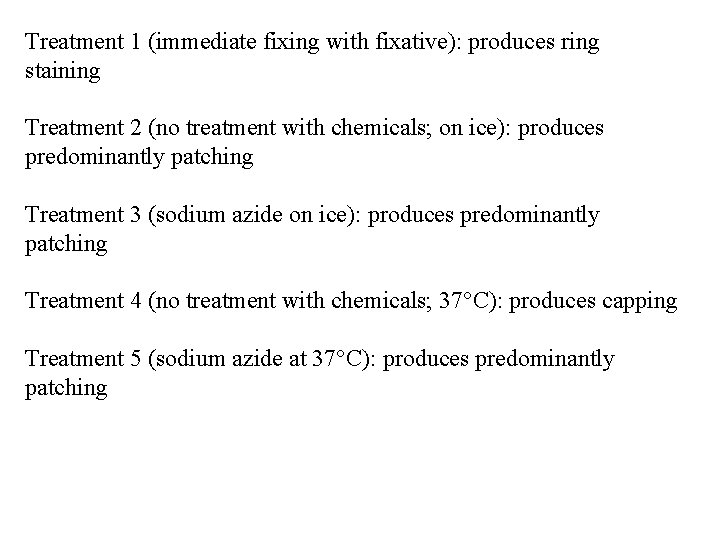Treatment 1 (immediate fixing with fixative): produces ring staining Treatment 2 (no treatment with Treatment 1 (immediate fixing with fixative): produces ring staining Treatment 2 (no treatment with