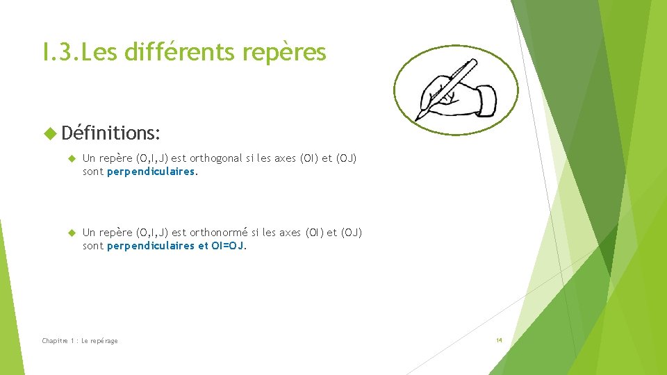 I. 3. Les différents repères Définitions: Un repère (O, I, J) est orthogonal si