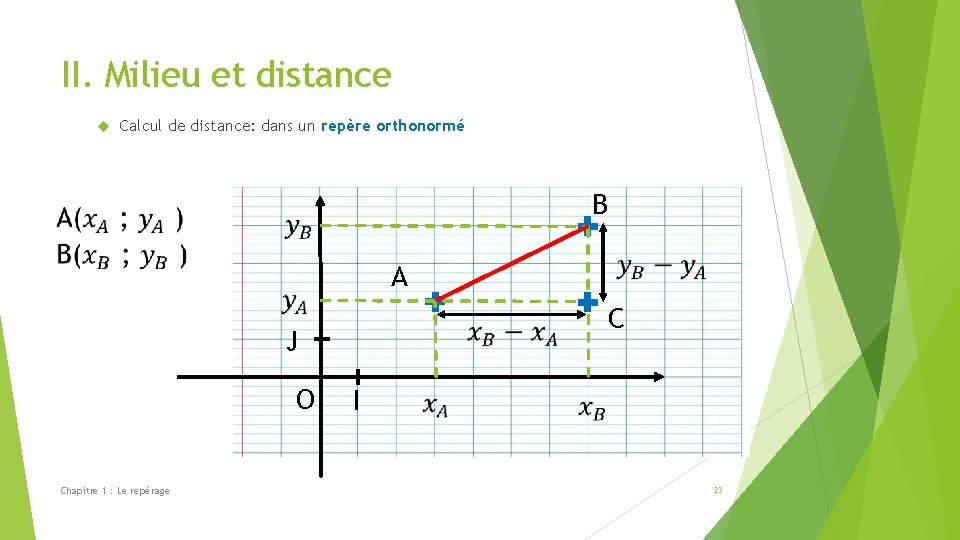 II. Milieu et distance Calcul de distance: dans un repère orthonormé B A C