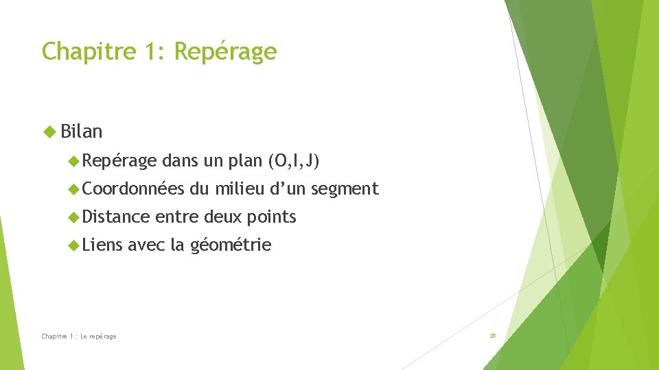 Chapitre 1: Repérage Bilan Repérage dans un plan (O, I, J) Coordonnées Distance Liens