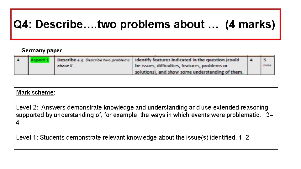Q 4: Describe…. two problems about … (4 marks) Germany paper Mark scheme: Level