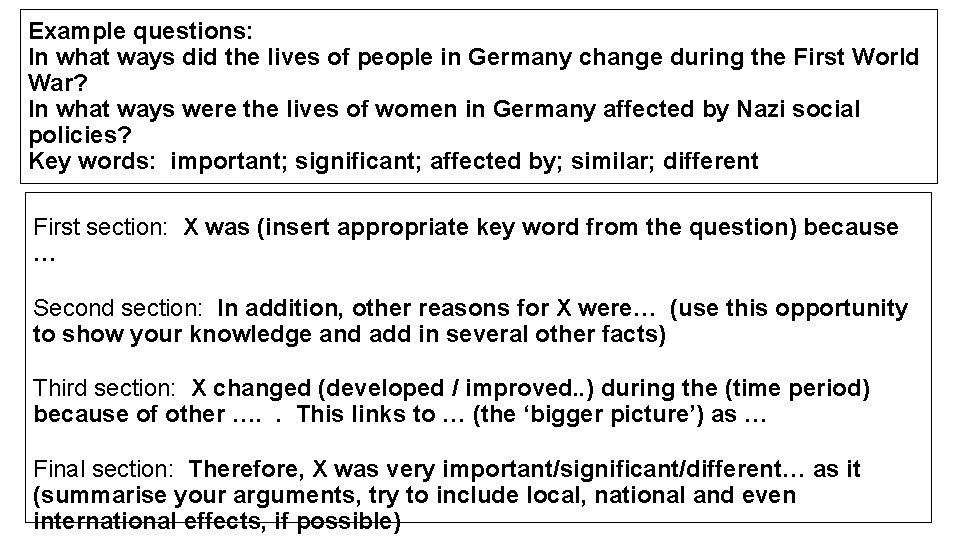 Example questions: In what ways did the lives of people in Germany change during