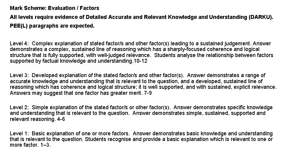 Mark Scheme: Evaluation / Factors All levels require evidence of Detailed Accurate and Relevant