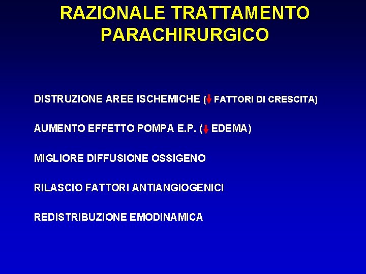 RAZIONALE TRATTAMENTO PARACHIRURGICO DISTRUZIONE AREE ISCHEMICHE ( FATTORI DI CRESCITA) AUMENTO EFFETTO POMPA E.