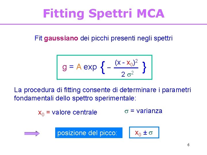 Fitting Spettri MCA Fit gaussiano dei picchi presenti negli spettri g = A exp