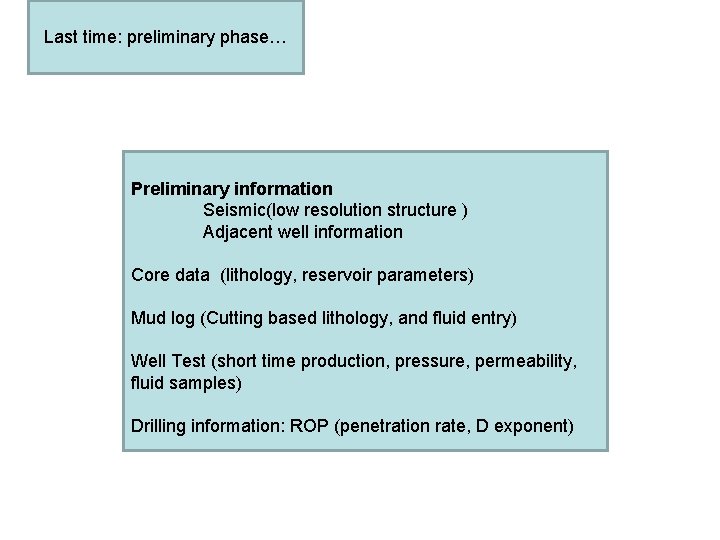 Last time: preliminary phase… Preliminary information Seismic(low resolution structure ) Adjacent well information Core