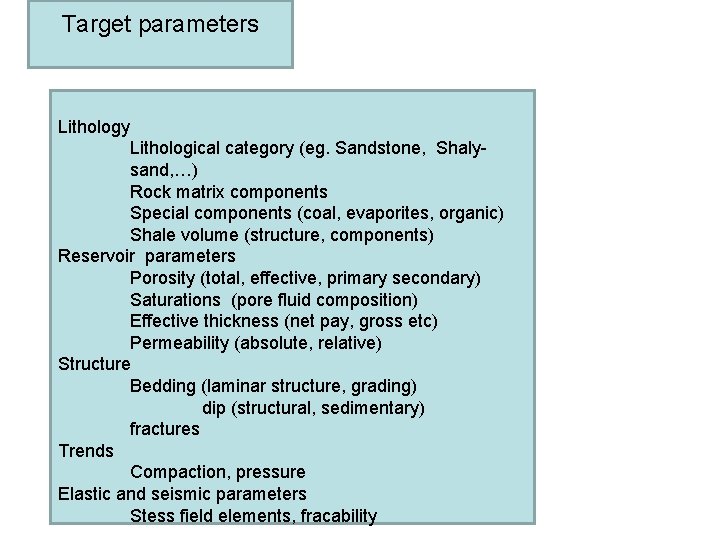 Target parameters Lithology Lithological category (eg. Sandstone, Shalysand, …) Rock matrix components Special components