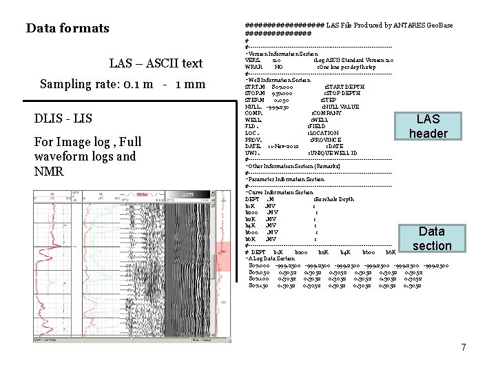 Data formats LAS – ASCII text Sampling rate: 0. 1 m - 1 mm