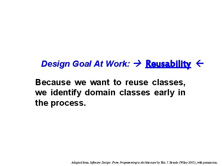 Design Goal At Work: Reusability Because we want to reuse classes, we identify domain