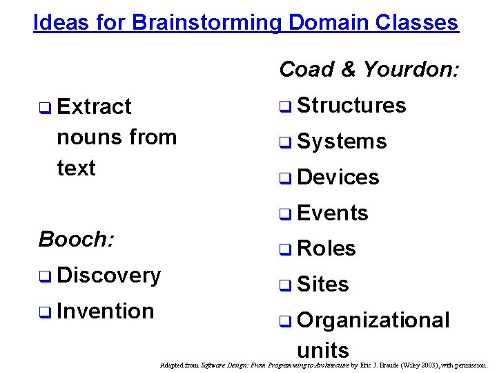 Ideas for Brainstorming Domain Classes Coad & Yourdon: q Structures q Extract nouns from