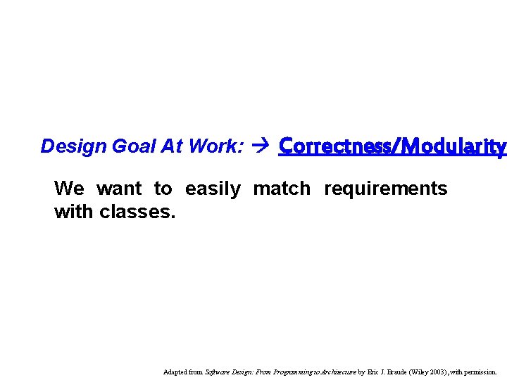 Design Goal At Work: Correctness/Modularity We want to easily match requirements with classes. Adapted
