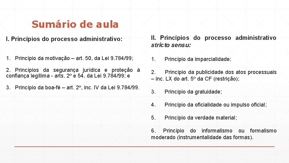 Sumário de aula I. Princípios do processo administrativo: II. Princípios do processo administrativo stricto