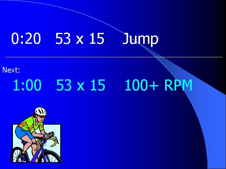 0: 20 53 x 15 Jump Next: 1: 00 53 x 15 100+ RPM
