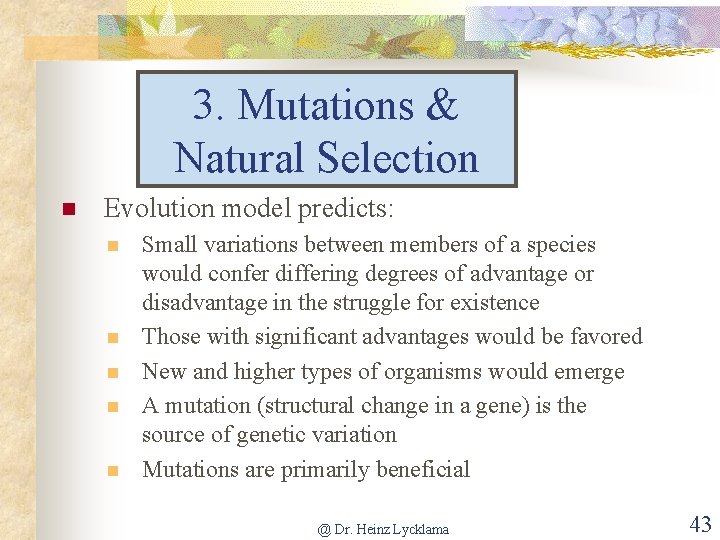 3. Mutations & Natural Selection n Evolution model predicts: n n n Small variations