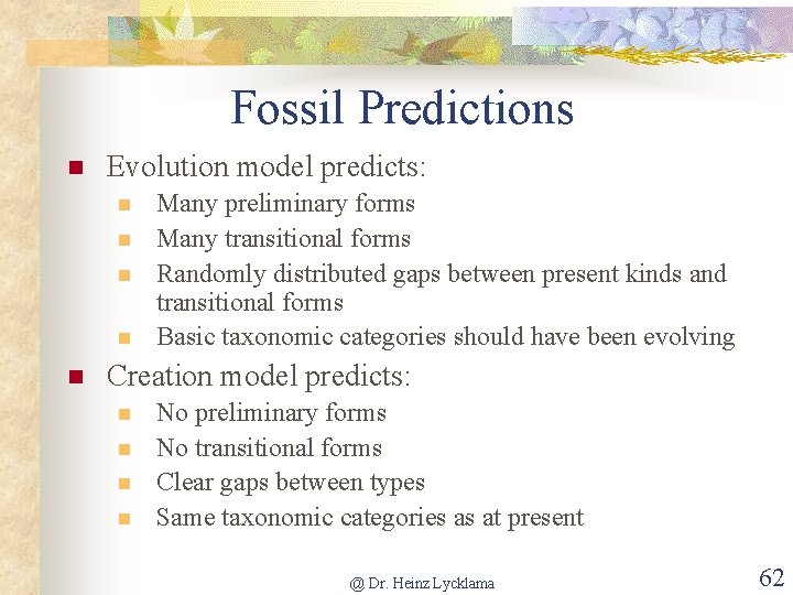 Fossil Predictions n Evolution model predicts: n n n Many preliminary forms Many transitional