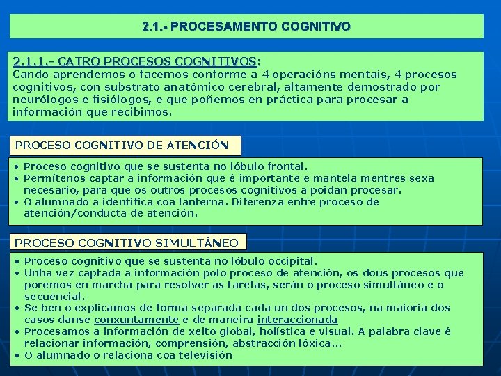 2. 1. - PROCESAMENTO COGNITIVO 2. 1. 1. - CATRO PROCESOS COGNITIVOS: Cando aprendemos