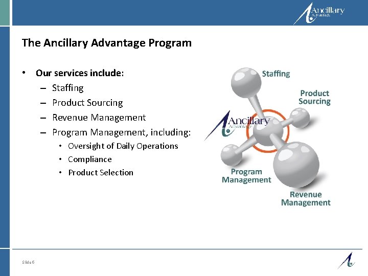 The Ancillary Advantage Program • Our services include: – Staffing – Product Sourcing –