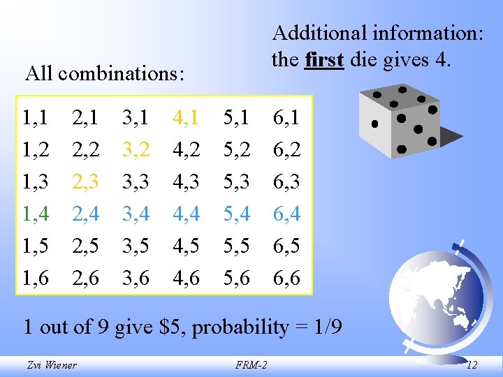 Additional information: the first die gives 4. All combinations: 1, 1 1, 2 1,