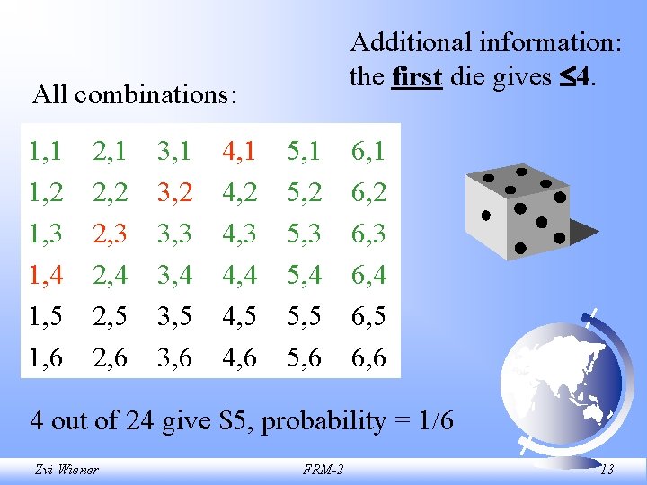 Additional information: the first die gives 4. All combinations: 1, 1 1, 2 1,