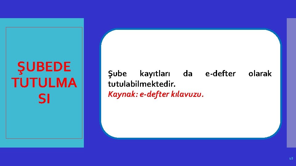 ŞUBEDE TUTULMA SI Şube kayıtları da e-defter tutulabilmektedir. Kaynak: e-defter kılavuzu. olarak 18 