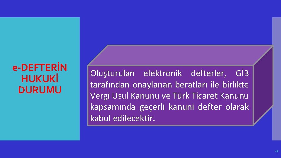 e-DEFTERİN HUKUKİ DURUMU Oluşturulan elektronik defterler, GİB tarafından onaylanan beratları ile birlikte Vergi Usul