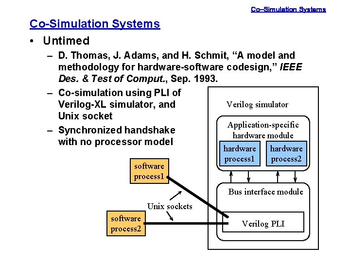 Co-Simulation Systems • Untimed – D. Thomas, J. Adams, and H. Schmit, “A model