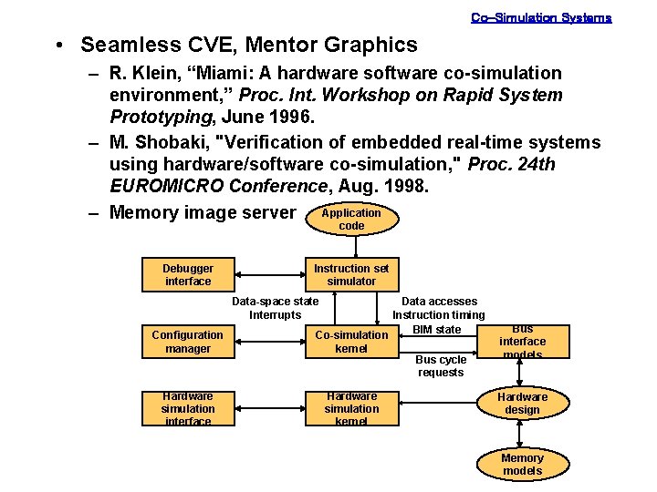 Co-Simulation Systems • Seamless CVE, Mentor Graphics – R. Klein, “Miami: A hardware software