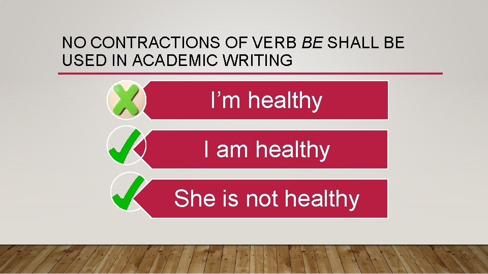 NO CONTRACTIONS OF VERB BE SHALL BE USED IN ACADEMIC WRITING I’m healthy I