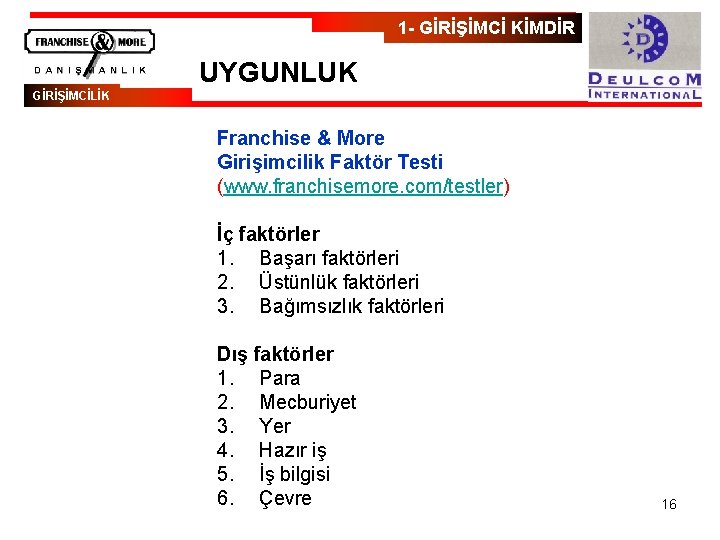 1 - GİRİŞİMCİ KİMDİR UYGUNLUK GİRİŞİMCİLİK Franchise & More Girişimcilik Faktör Testi (www. franchisemore.