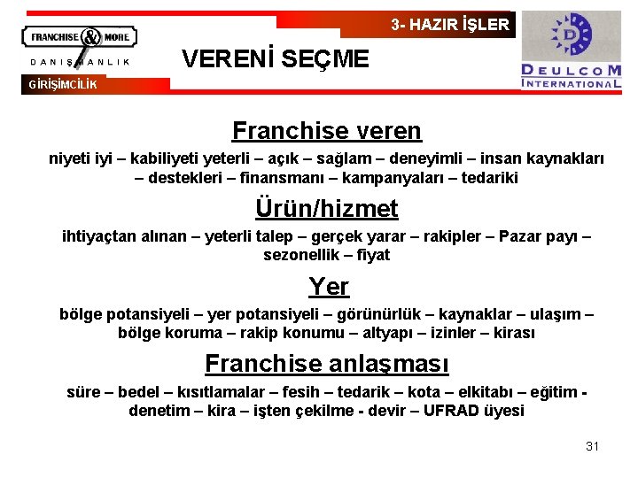 3 - HAZIR İŞLER VERENİ SEÇME GİRİŞİMCİLİK Franchise veren niyeti iyi – kabiliyeti yeterli