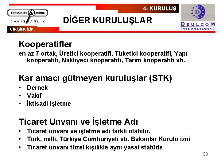 4 - KURULUŞ DİĞER KURULUŞLAR GİRİŞİMCİLİK Kooperatifler en az 7 ortak, Üretici kooperatifi, Tüketici