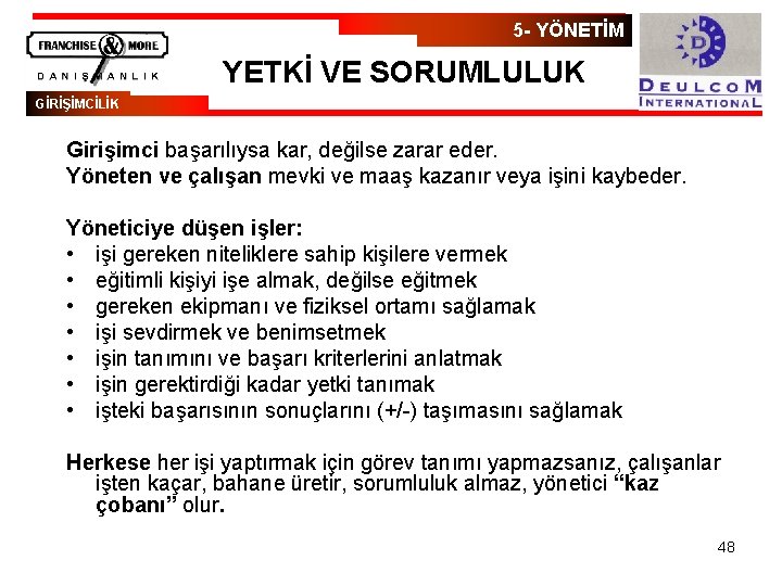 5 - YÖNETİM YETKİ VE SORUMLULUK GİRİŞİMCİLİK Girişimci başarılıysa kar, değilse zarar eder. Yöneten