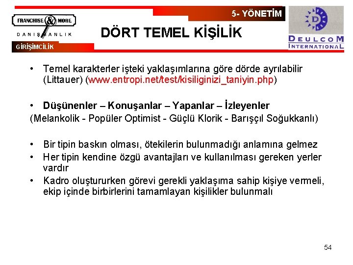 5 - YÖNETİM DÖRT TEMEL KİŞİLİK GİRİŞİMCİLİK • Temel karakterler işteki yaklaşımlarına göre dörde