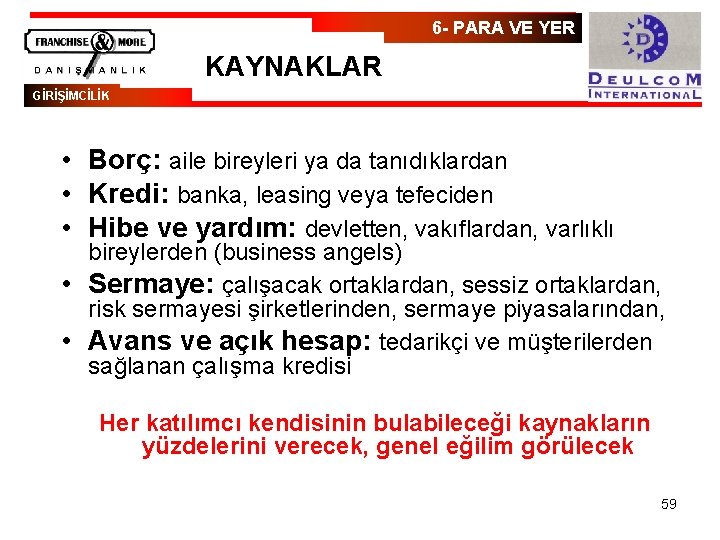 6 - PARA VE YER KAYNAKLAR GİRİŞİMCİLİK • Borç: aile bireyleri ya da tanıdıklardan