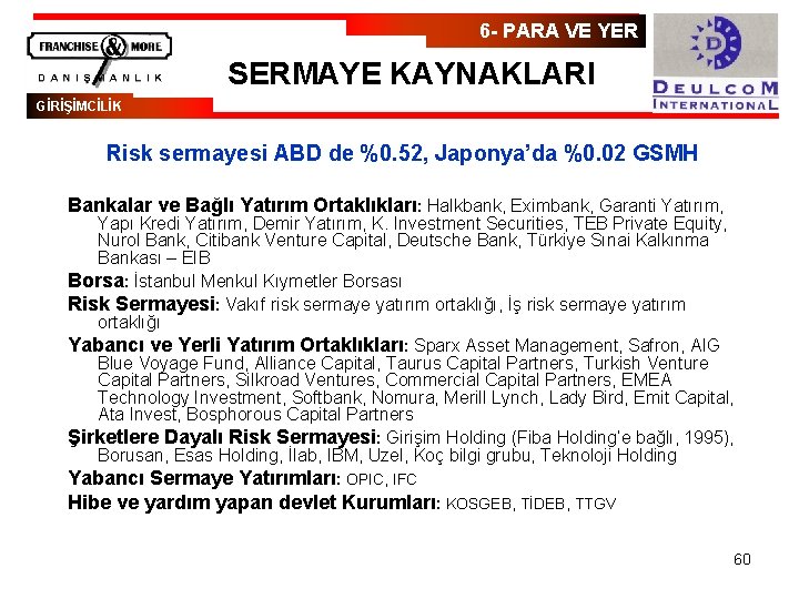 6 - PARA VE YER SERMAYE KAYNAKLARI GİRİŞİMCİLİK Risk sermayesi ABD de %0. 52,