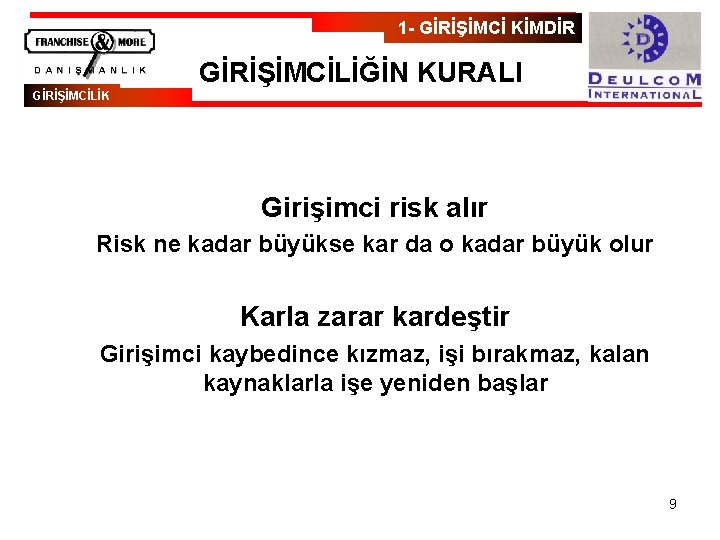 1 - GİRİŞİMCİ KİMDİR GİRİŞİMCİLİĞİN KURALI GİRİŞİMCİLİK Girişimci risk alır Risk ne kadar büyükse