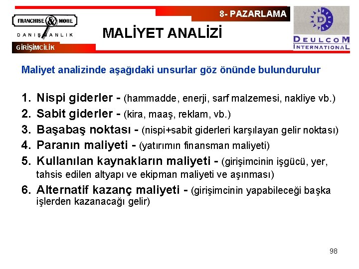 8 - PAZARLAMA MALİYET ANALİZİ GİRİŞİMCİLİK Maliyet analizinde aşağıdaki unsurlar göz önünde bulundurulur 1.