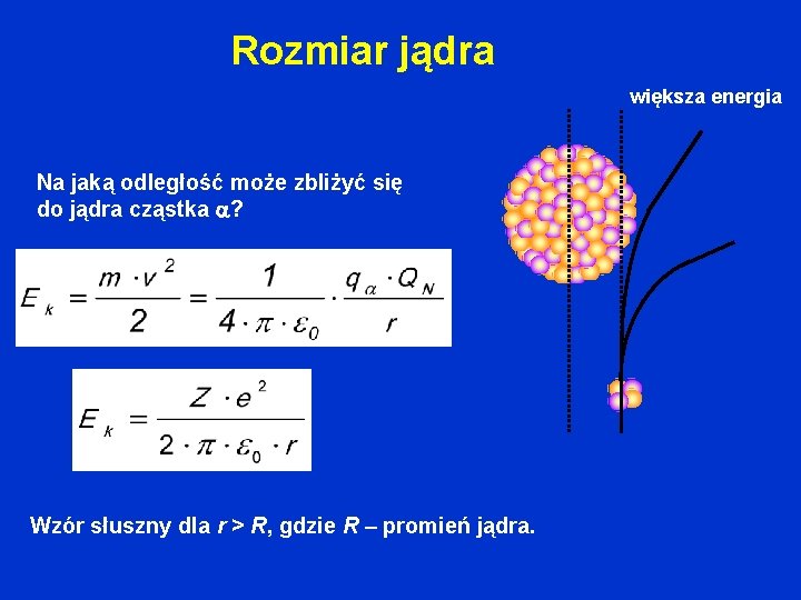 Rozmiar jądra większa energia Na jaką odległość może zbliżyć się do jądra cząstka ?