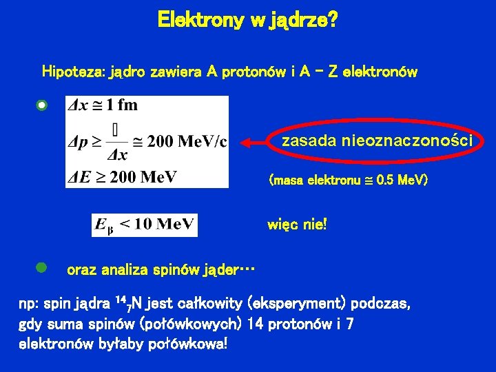 Elektrony w jądrze? Hipoteza: jądro zawiera A protonów i A – Z elektronów zasada