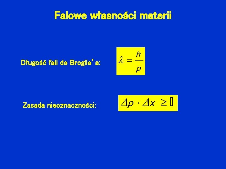 Falowe własności materii Długość fali de Broglie’a: Zasada nieoznaczności: 