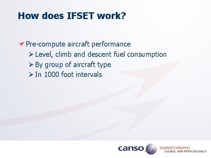 How does IFSET work? Pre-compute aircraft performance Ø Level, climb and descent fuel consumption